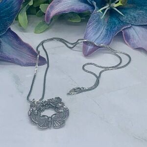 Silver Round Floral 🌺 Wreath Butterfly 🦋 Design Pendant • Marked MAST • 4/2